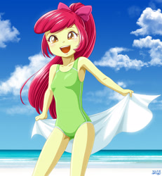 Size: 2315x2504 | Tagged: safe, artist:uotapo, imported from twibooru, apple bloom, equestria girls, beach, bow, clothes, female, hair bow, image, needs more jpeg, one-piece swimsuit, solo, swimsuit, towel