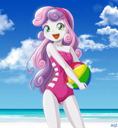 Size: 2315x2504 | Tagged: safe, artist:uotapo, imported from twibooru, sweetie belle, equestria girls, beach, beach ball, clothes, female, image, needs more jpeg, one-piece swimsuit, solo, swimsuit