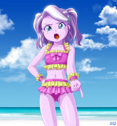 Size: 2315x2504 | Tagged: safe, artist:uotapo, imported from twibooru, diamond tiara, equestria girls, beach, clothes, female, image, needs more jpeg, solo, swimsuit, two-piece swimsuit