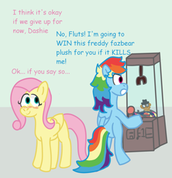Size: 1450x1500 | Tagged: safe, artist:zoeyhorse, imported from derpibooru, fluttershy, rainbow dash, pegasus, pony, bipedal, blushing, crane game, crossover, dialogue, female, five nights at freddy's, flutterdash, freddy fazbear, lesbian, mare, missing cutie mark, shipping, smiling