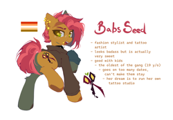 Size: 3258x2268 | Tagged: safe, artist:mirtash, imported from derpibooru, part of a set, babs seed, earth pony, pony, alternate cutie mark, alternate design, big eyes, black hoodie, brown coat, brown hooves, brown pupils, butch, butch lesbian, butch lesbian pride flag, cheek fluff, clothes, collar, colored, colored hooves, colored pupils, colored underhoof, ear fluff, ear piercing, earring, eyebrow slit, eyebrows, female, freckles, gauges, green eyes, high res, hoodie, hooves, industrial piercing, jewelry, leg fluff, lidded eyes, lip piercing, looking away, looking back, mare, narrowed eyes, older, older babs seed, open mouth, open smile, orange text, piercing, pride, pride flag, raised hoof, raised leg, rear view, red mane, red tail, red text, redesign, shiny eyes, short mane, short tail, simple background, smiling, snake bites, solo, spiked collar, standing, starry eyes, tail, teeth, text, thick eyelashes, tongue out, two toned mane, two toned tail, underhoof, white background, wingding eyes