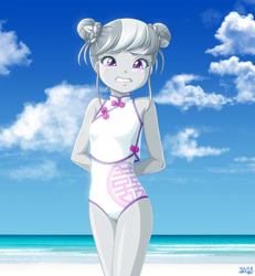 Size: 2315x2504 | Tagged: safe, artist:uotapo, imported from twibooru, silver spoon, equestria girls, beach, clothes, female, image, needs more jpeg, one-piece swimsuit, solo, swimsuit