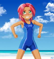 Size: 2315x2504 | Tagged: safe, artist:uotapo, imported from twibooru, babs seed, equestria girls, beach, clothes, female, image, needs more jpeg, one-piece swimsuit, school swimsuit, solo, swimsuit