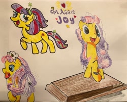 Size: 3647x2948 | Tagged: safe, anonymous artist, imported from derpibooru, earth pony, bandaid, blue eyes, collage, crayon drawing, cute, cutie mark, doll, female, filly, flower, flower in hair, foal, font, heart, irl, jewelry, maggie joy, marker drawing, memorial, memory, multicolored hair, multicolored mane, name, not an oc, pen drawing, pencil drawing, photo, ponytail, rest in peace, simple background, smiling, sparkly mane, standing, tiara, toy, traditional art