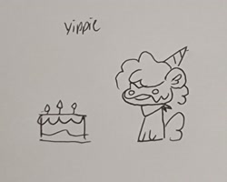 Size: 2224x1778 | Tagged: safe, artist:comicmaker, imported from derpibooru, oc, oc only, oc:comic maker, pony, birthday, birthday cake, cake, candle, clothes, female, food, g5, g5 oc, grayscale, hat, mare, monochrome, party hat, scarf, sketch, smiling, solo, tail, yippie