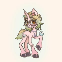 Size: 1617x1617 | Tagged: safe, artist:tuskonline, imported from derpibooru, oc, pony, unicorn, bandaid, brown eyes, eyewear, glasses, green hair, horn, jewelry, meep, meme, necklace, nose piercing, piercing, pink body, ponysona, septum piercing, simple background, solo, trollface
