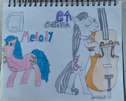 Size: 3252x2604 | Tagged: safe, artist:blackblade360, imported from derpibooru, melody, octavia melody, earth pony, pony, bipedal, blue mane, blue tail, colored pencil drawing, duo, evolution, eyes closed, female, g1, green eyes, irl, looking at you, mare, microphone, musical instrument, paper, photo, pink coat, pose, signature, tail, traditional art, two toned mane, two toned tail, violin, young mare