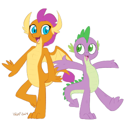 Size: 827x796 | Tagged: safe, artist:furseiseki, imported from derpibooru, smolder, spike, dragon, digital art, dragon wings, dragoness, duo, duo male and female, female, looking at each other, looking at someone, male, older, older spike, simple background, smiling, smiling at each other, teenage spike, teenaged dragon, teenager, transparent background, wings