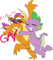 Size: 833x948 | Tagged: safe, artist:furseiseki, imported from derpibooru, smolder, spike, dragon, digital art, dragon wings, dragoness, duo, duo male and female, female, flailing, gay, gay in front of girls, hug, hugging a dragon, male, older, older spike, screaming, shipping, simple background, spolder, straight, teenage spike, teenaged dragon, teenager, text, transparent background, wingless spike, wings