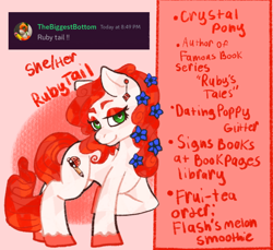 Size: 1406x1289 | Tagged: safe, artist:kiwiscribbles, imported from derpibooru, oc, oc only, oc:rubytail, crystal pony, pony, ear piercing, earring, handwriting, jewelry, piercing, solo, text
