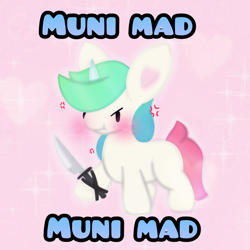Size: 1096x1096 | Tagged: safe, artist:sodapop sprays, imported from derpibooru, oc, oc only, oc:municorn, pony, unicorn, angry, caption, cross-popping veins, emanata, horn, knife, meme, multicolored hair, simple background, solo, text, threatening