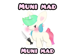 Size: 1528x1145 | Tagged: safe, artist:sodapop sprays, imported from derpibooru, oc, oc only, oc:municorn, pony, unicorn, angry, caption, cross-popping veins, emanata, horn, knife, meme, multicolored hair, simple background, solo, text, threatening, transparent background