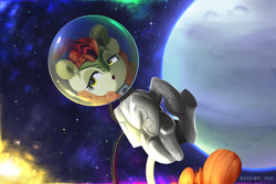 Size: 2400x1600 | Tagged: safe, artist:darksly, imported from derpibooru, autumn blaze, kirin, atg 2024, female, newbie artist training grounds, solo, space, space helmet, spacesuit