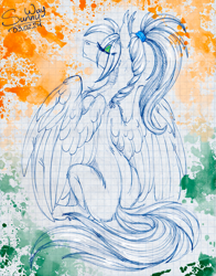 Size: 1253x1600 | Tagged: safe, artist:sunny way, imported from derpibooru, oc, oc only, oc:sunny way, pegasus, pony, cute, digital art, eye clipping through hair, eyebrows, eyebrows visible through hair, eyes closed, eyeshadow, facing away, feather, female, fluffy, ipad, long ears, makeup, mare, paper, realistic paint studio, sitting, solo, traditional art, watercolor painting, wings