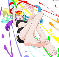 Size: 4570x4422 | Tagged: safe, artist:cz, imported from derpibooru, rainbow dash, human, absurd resolution, anime style, barefoot, eyebrows, eyebrows visible through hair, feet, female, fetish, foot fetish, foot focus, heart, heart hands, looking at you, looking down, looking down at you, open mouth, open smile, signature, simple background, smiling, smiling at you, solo, white background