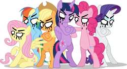 Size: 1024x556 | Tagged: safe, artist:terrebonnerobbi, imported from derpibooru, applejack, fluttershy, pinkie pie, rainbow dash, rarity, twilight sparkle, pony, darkness, fresh princess and friends' poses, fresh princess of friendship, mane six, pibby, simple background, transparent background