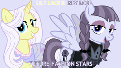 Size: 1920x1080 | Tagged: safe, artist:cheezedoodle96, edit, editor:jaredking779, imported from derpibooru, inky rose, lily lace, pegasus, pony, unicorn, clothes, dress, duo, duo female, eyeshadow, female, goth, goth pony, horn, makeup, mare, purple background, see-through, simple background, spread wings, wings