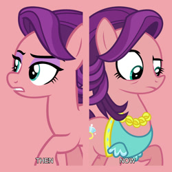 Size: 1080x1080 | Tagged: safe, artist:90sigma, artist:ironm17, edit, editor:jaredking779, imported from derpibooru, spoiled rich, earth pony, pony, clothes, eyeshadow, female, makeup, mare, pink background, self paradox, self ponidox, simple background, solo, spoiled milk, then and now