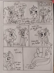 Size: 1080x1434 | Tagged: safe, artist:doodletheexpoodle, imported from derpibooru, stellar flare, sunburst, twilight sparkle, oc, oc:daylight amethyst, oc:northern star, alicorn, pony, unicorn, baby, baby pony, comic, dialogue, emanata, female, grayscale, holding a pony, hoof on belly, horn, male, mare, monochrome, offspring, parent:sunburst, parent:twilight sparkle, parents:twiburst, pen drawing, shipping, stallion, straight, traditional art, twiburst, twilight sparkle (alicorn)