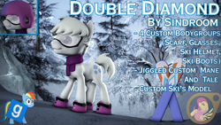 Size: 3840x2160 | Tagged: safe, artist:sindroom, imported from derpibooru, double diamond, fluttershy, rainbow dash, earth pony, pony, 3d, boots, clothes, goggles, helmet, male, scarf, shoes, skis, solo, source filmmaker, stallion