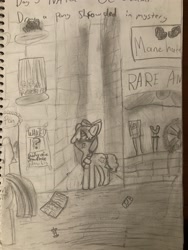 Size: 3024x4032 | Tagged: safe, artist:goldenmidnight, imported from derpibooru, twilight sparkle, oc, oc:snowflake, apartment, forehead shadow, manehattan, monochrome, mysterious, newbie artist training grounds, newspaper, offscreen character, trash, wanted poster