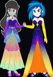 Size: 832x1216 | Tagged: safe, imported from twibooru, dj pon-3, octavia melody, vinyl scratch, human, equestria girls, ai content, ai generated, clothes, dress, ear piercing, earring, female, gloves, holding hands, humanized, image, jewelry, lesbian, long gloves, needs more jpeg, piercing, prompter:tiamatnightmare, scratchtavia, shipping