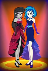Size: 832x1216 | Tagged: safe, imported from twibooru, dj pon-3, octavia melody, vinyl scratch, human, equestria girls, ai content, ai generated, clothes, dress, ear piercing, earring, female, gloves, holding hands, humanized, image, jewelry, lesbian, long gloves, needs more jpeg, piercing, prompter:tiamatnightmare, scratchtavia, shipping
