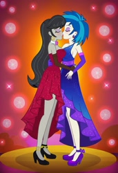 Size: 832x1216 | Tagged: safe, imported from twibooru, dj pon-3, octavia melody, vinyl scratch, human, equestria girls, ai content, ai generated, clothes, dress, ear piercing, earring, eyes closed, female, gloves, humanized, image, jewelry, kissing, lesbian, long gloves, needs more jpeg, piercing, prompter:tiamatnightmare, scratchtavia, shipping