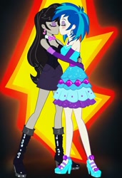 Size: 832x1216 | Tagged: safe, imported from twibooru, dj pon-3, octavia melody, vinyl scratch, human, equestria girls, ai content, ai generated, clothes, dress, ear piercing, earring, eyes closed, female, gloves, humanized, image, jewelry, kissing, lesbian, long gloves, needs more jpeg, piercing, prompter:tiamatnightmare, scratchtavia, shipping