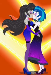 Size: 832x1216 | Tagged: safe, imported from twibooru, dj pon-3, octavia melody, vinyl scratch, human, equestria girls, ai content, ai generated, clothes, dress, ear piercing, earring, eyes closed, female, gloves, humanized, image, jewelry, kissing, lesbian, long gloves, needs more jpeg, piercing, prompter:tiamatnightmare, scratchtavia, shipping