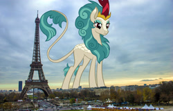 Size: 4272x2740 | Tagged: safe, artist:efernothedragon, edit, editor:jaredking779, imported from derpibooru, rain shine, kirin, pony, eiffel tower, eyeshadow, female, france, giant kirin, giant pony, high res, highrise ponies, irl, leonine tail, looking down, macro, makeup, paris, photo, ponies in real life, queen, solo, story included, tail, tall