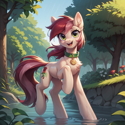 Size: 1024x1024 | Tagged: safe, imported from derpibooru, roseluck, pony, ai content, ai generated, collar, cute, fluffy, generator:pony diffusion v6 xl, generator:stable diffusion, looking at you, pet tag, pony pet, prompter:doom9454, rain, rosepet, walking, water, wet, wet mane