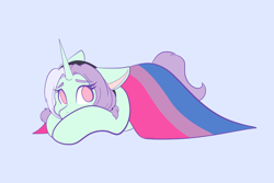 Size: 2048x1365 | Tagged: safe, artist:mscolorsplash, imported from derpibooru, oc, oc only, oc:mod chi, pony, unicorn, bisexual pride flag, female, horn, lying down, mare, ponysona, pride, pride flag, prone, solo
