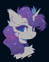 Size: 1146x1466 | Tagged: safe, artist:mirtash, edit, imported from derpibooru, rarity, pony, unicorn, black background, blue eyes, bust, choker, cropped, ear piercing, earring, eyeshadow, female, fluffy, horn, jewelry, lidded eyes, looking at you, makeup, mare, piercing, purple mane, ringlets, simple background, slit pupils, smiling, smiling at you, solo, sparkly mane, white coat