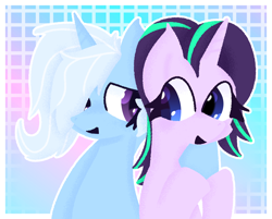 Size: 2548x2048 | Tagged: safe, imported from derpibooru, starlight glimmer, trixie, pony, unicorn, colorful, cute, duo, duo female, female, holding hooves, horn, lesbian, looking at each other, looking at someone, shipping, startrix