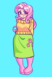 Size: 2193x3256 | Tagged: safe, artist:minky, imported from derpibooru, fluttershy, human, arm behind back, blue background, blushing, clothes, female, high res, humanized, simple background, solo, sweater, sweatershy