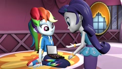 Size: 3840x2160 | Tagged: safe, artist:wissle, imported from derpibooru, rainbow dash, rarity, equestria girls, 3d, atg 2024, carousel boutique, female, high res, makeover, makeup, makeup kit, newbie artist training grounds, not sure if want, sitting, source filmmaker, standing