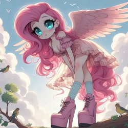 Size: 1024x1024 | Tagged: safe, imported from derpibooru, fluttershy, bird, human, :o, ai content, ai generated, bending, blushing, boots, breasts, cleavage, clothes, cloud, cute, dress, frilly dress, high heel boots, high heels, humanized, open mouth, platform heels, prompter:glimmy-glam, shoes, skirt, socks, solo, spread wings, wings