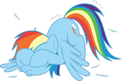 Size: 1353x896 | Tagged: safe, artist:sollace, derpibooru exclusive, imported from derpibooru, rainbow dash, pegasus, covered face, face down ass up, feather, messy mane, scared, simple background, solo, spread wings, transparent background, vector, wings