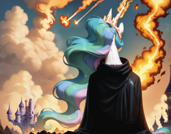 Size: 1656x1296 | Tagged: safe, imported from derpibooru, princess celestia, ai content, ai generated, anonymous prompter, black cloak, burning, fire, generator:pony diffusion v6 xl, generator:stable diffusion, meteor, molten, rear view