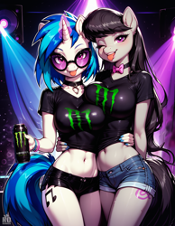 Size: 1664x2144 | Tagged: safe, imported from derpibooru, dj pon-3, octavia melody, vinyl scratch, anthro, earth pony, unicorn, ai content, ai generated, clothes, generator:stable diffusion, horn, prompter:neondash, shorts