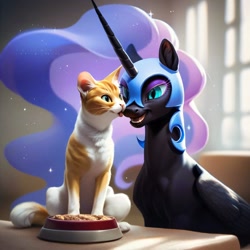 Size: 2048x2048 | Tagged: safe, imported from derpibooru, nightmare moon, alicorn, cat, pony, ai content, ai generated, bowl, cat bowl, cat food, female, generator:pony diffusion v6 xl, generator:stable diffusion, helmet, mare, nicemare moon, pet, photo, sitting, sitting at table, sitting on table, smiling, table
