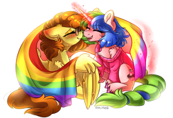 Size: 3500x2400 | Tagged: safe, alternate version, artist:yuris, imported from derpibooru, oc, oc:carry calamity, oc:yuris, pegasus, pony, unicorn, blushing, ears up, eyes closed, female, floppy ears, glasses, horn, lesbian, lgbt, magic, open mouth, pride, pride flag, pride month, shipping, simple background, sitting, smiling, spread wings, telekinesis, white background, wings