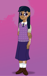 Size: 1125x1800 | Tagged: safe, artist:prixy05, imported from derpibooru, twilight sparkle, human, clothes, female, glasses, gradient background, human coloration, humanized, moderate dark skin, scared, solo, tell your tale style, vitiligo