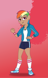 Size: 1125x1800 | Tagged: safe, artist:prixy05, imported from derpibooru, rainbow dash, human, clothes, female, gradient background, human coloration, humanized, moderate dark skin, solo, tell your tale style