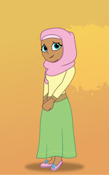 Size: 1125x1800 | Tagged: safe, artist:prixy05, imported from derpibooru, fluttershy, human, clothes, female, gradient background, hijab, human coloration, humanized, islam, islamashy, moderate dark skin, religion, solo, tell your tale style