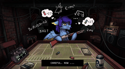 Size: 3500x1938 | Tagged: safe, artist:helmie-art, imported from derpibooru, oc, oc only, oc:helmie, pegasus, pony, buckshot roulette, confused, dithering, fanart, gun, math, math lady meme, meme, ponified meme, shotgun, video game, weapon