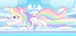 Size: 1272x610 | Tagged: safe, artist:cstrawberrymilk, imported from derpibooru, oc, oc:rainbow heart, pegasus, pony, bow, female, flying, hair bow, mare, solo