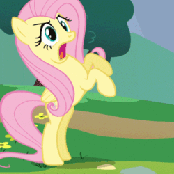 Size: 320x320 | Tagged: safe, imported from derpibooru, fluttershy, pony, sonic rainboom (episode), animated, cropped, gif, solo, text, yay
