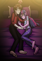 Size: 2103x3018 | Tagged: safe, artist:artemis-polara, imported from derpibooru, sci-twi, twilight sparkle, oc, oc:star clad, human, equestria girls, barefoot, bed, canon x oc, clothes, commission, couple, duo, duo male and female, feet, female, glasses, male, pants, pillow, shirt, sleeping, soles